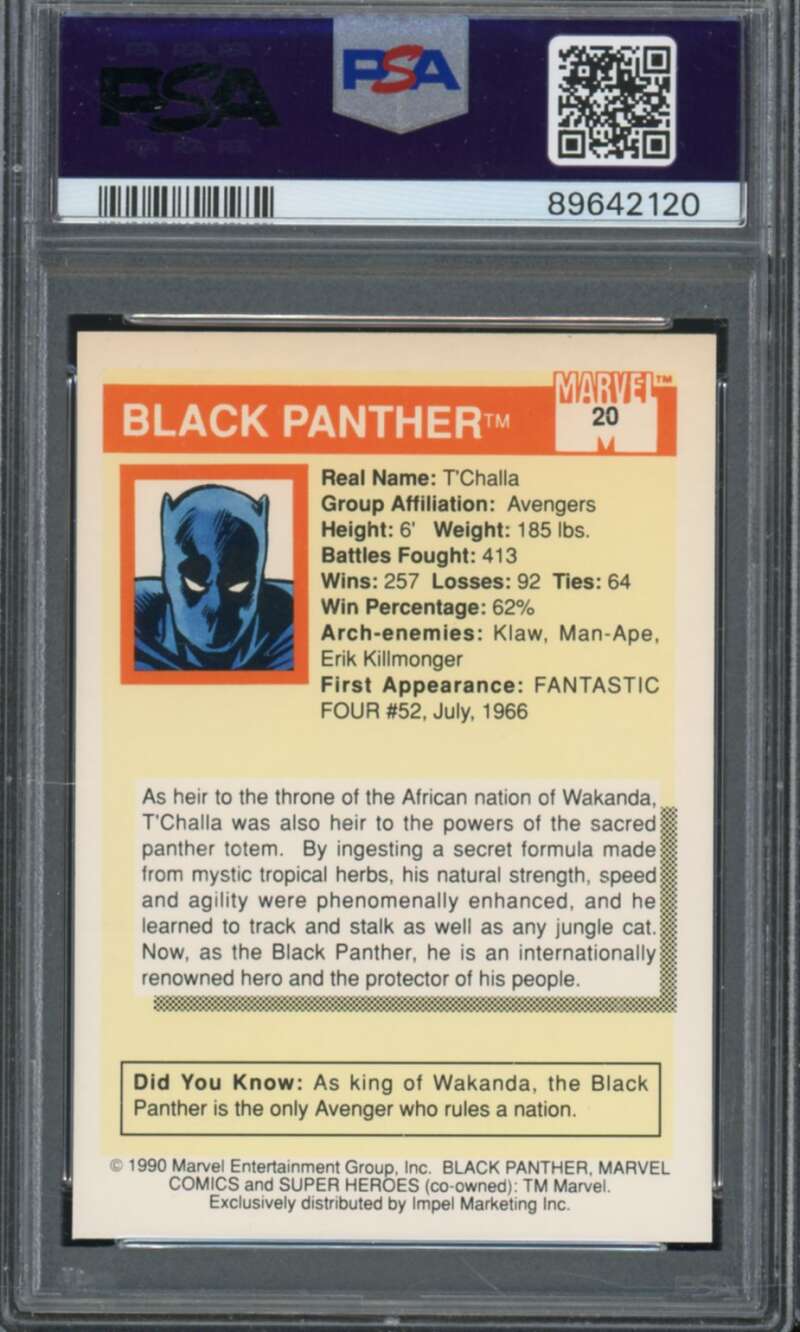 Black Panther Card 1990 Marvel Universe #20 PSA 6 Image 2