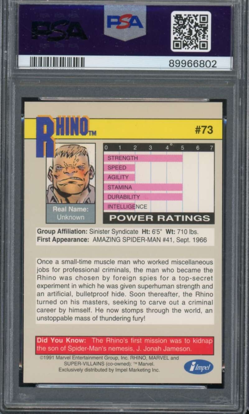 Rhino Card 1991 Marvel Universe #73 PSA 7 Image 2