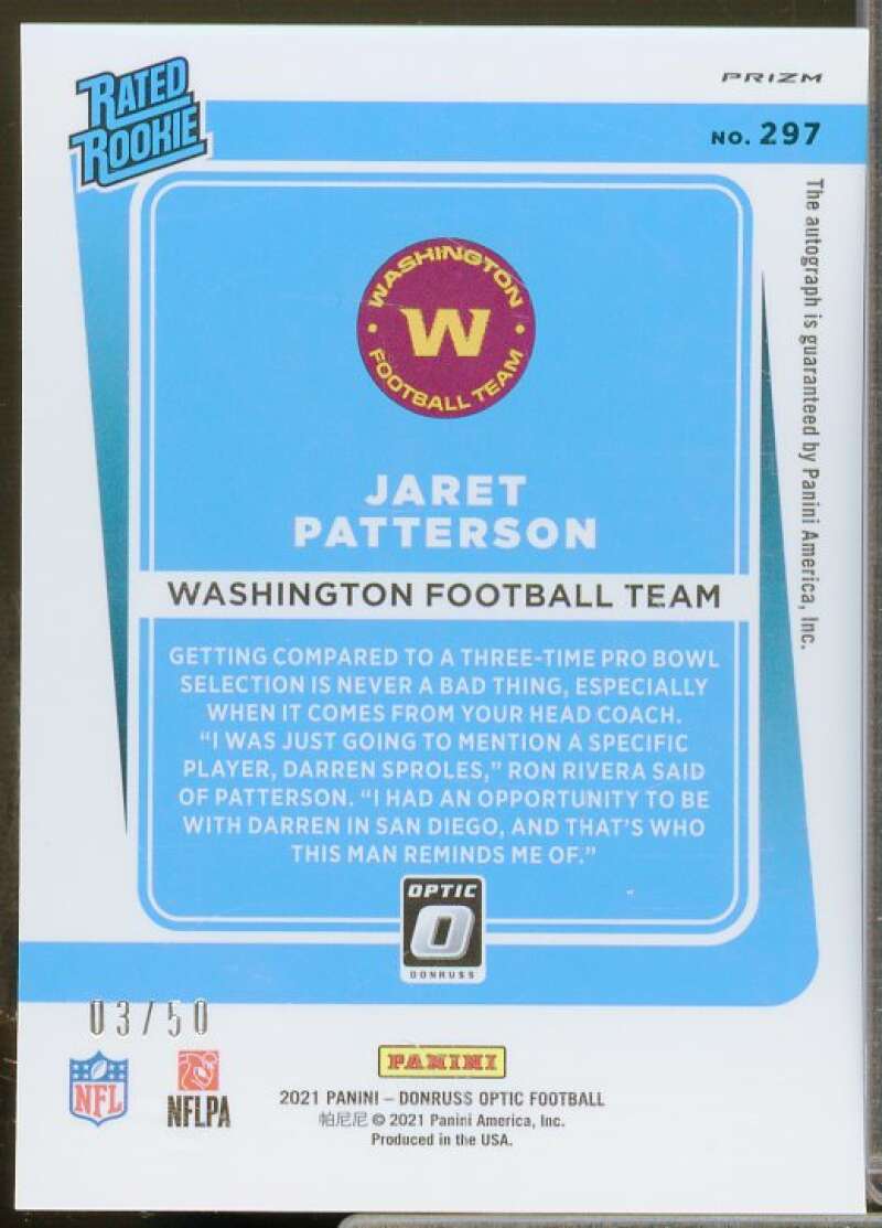 Jaret Patterson Rookie 2021 Donruss Optic Rated Rookies Autographs Holo #297  Image 2