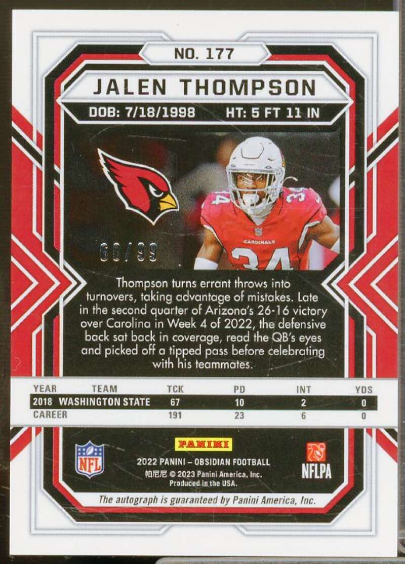 Jalen Thompson 2022 Panini Obsidian Rookie Autographs Electric Etch Orange #177  Image 2