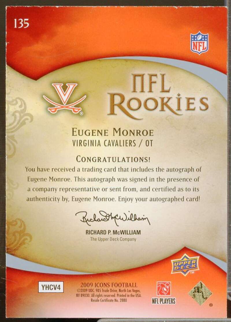 Eugene Monroe Rookie Card 2009 Upper Deck Icons Autographs #135  Image 2