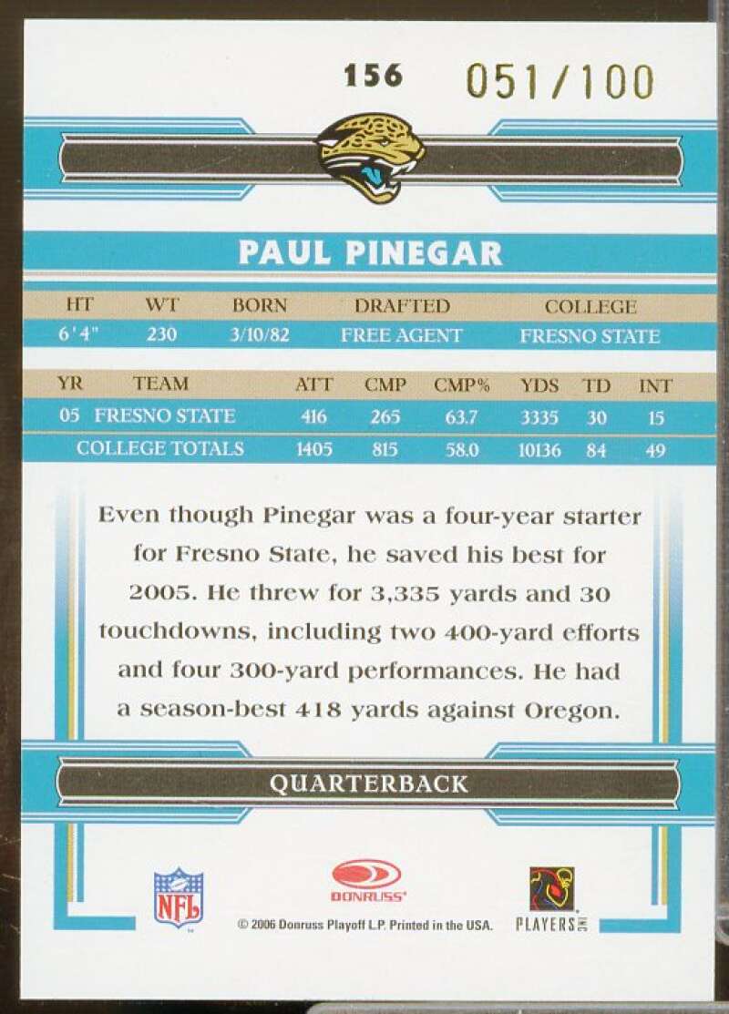 Paul Pinegar Rookie Card 2006 Donruss Threads Rookie Autographs #156  Image 2