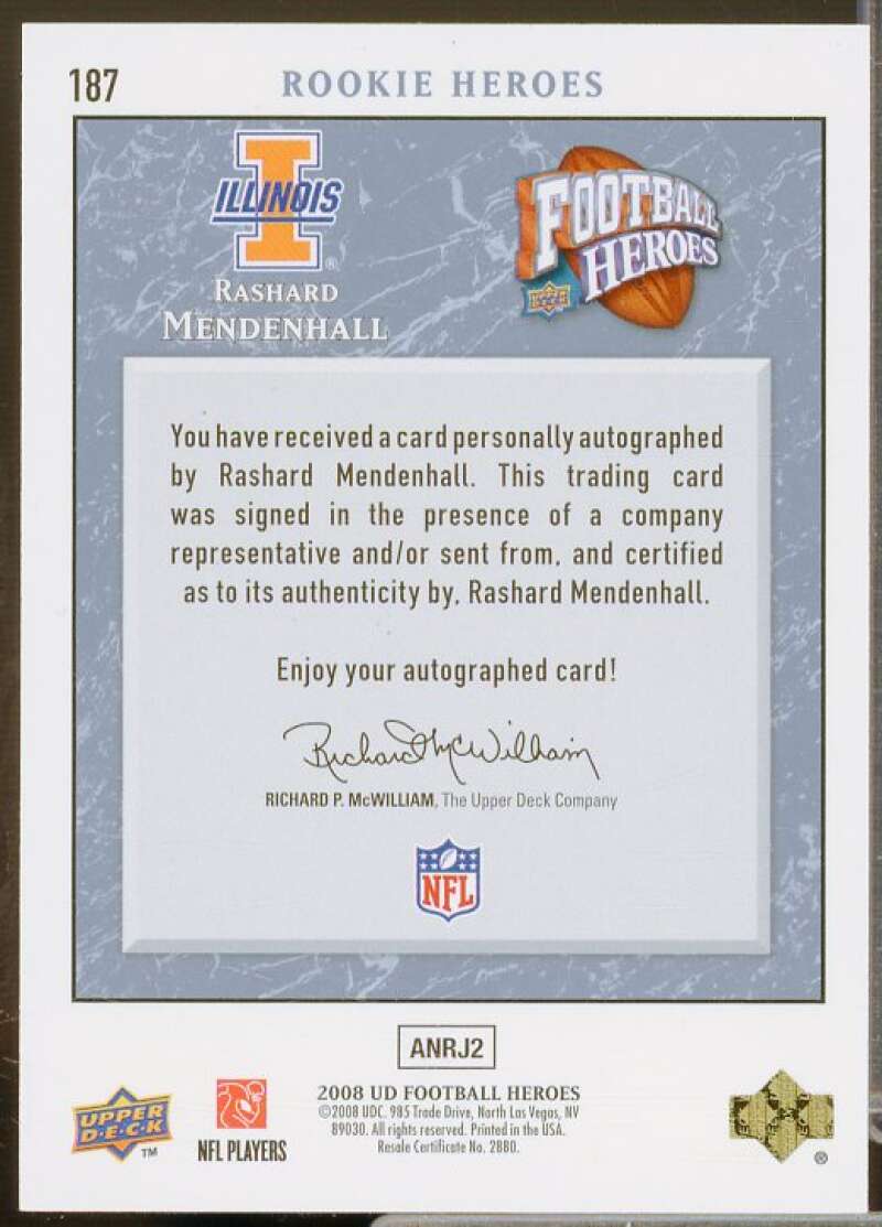 Rashard Mendenhall/350 Rookie Card 2008 Upper Deck Heroes Autographs Blue #187  Image 2