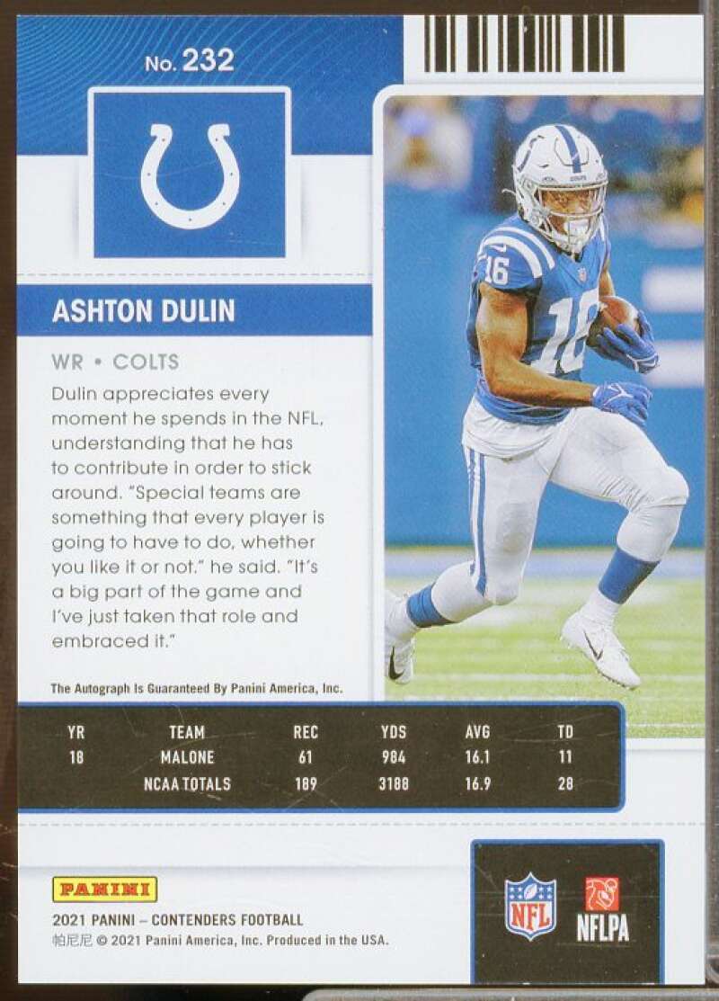 Ashton Dulin AU Rookie Card 2021 Panini Contenders Wild Card #232  Image 2