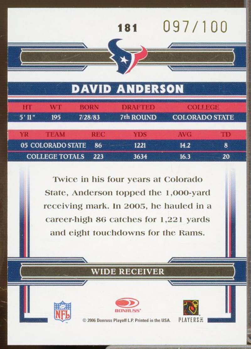 David Anderson Rookie Card 2006 Donruss Threads Rookie Autographs #181  Image 2