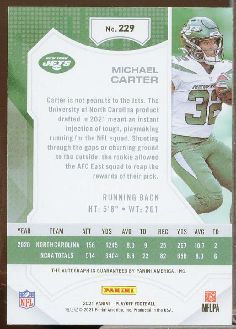 Michael Carter Rookie Card 2021 Playoff Rookies Autographs Red Zone #229  Image 2