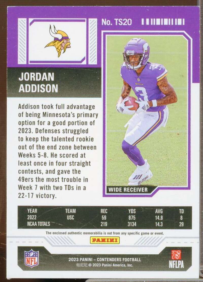 Jordan Addison Rookie Card 2023 Panini Contenders Rookie Ticket Swatches #20  Image 2