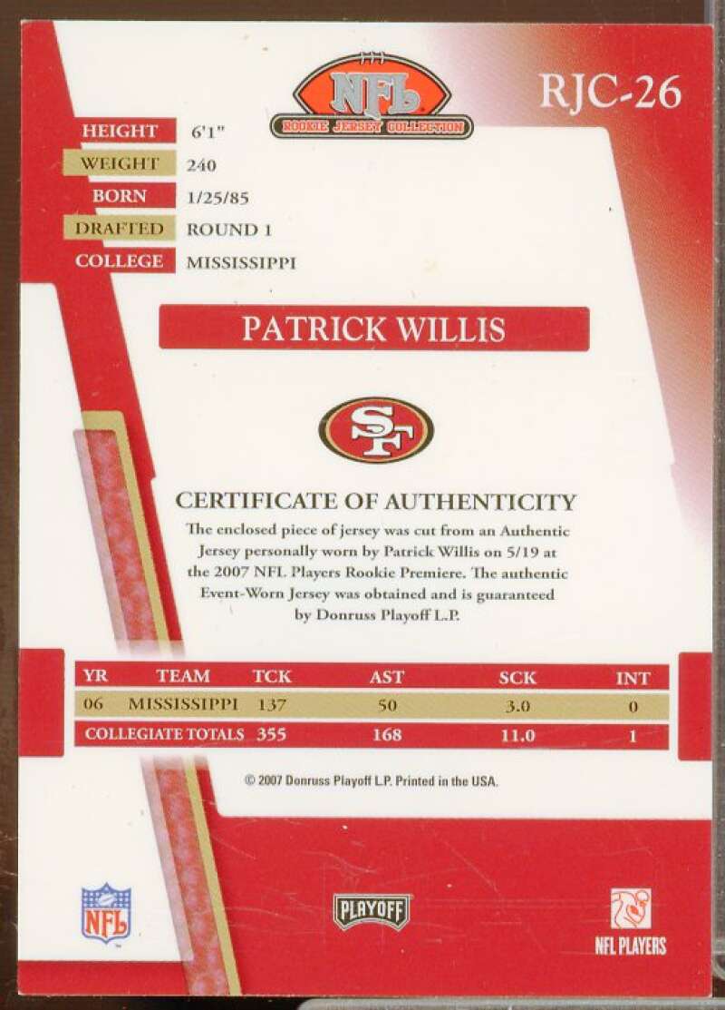 Patrick Willis Rookie 2007 Absolute Memorabilia Rookie Jersey Collection #26  Image 2