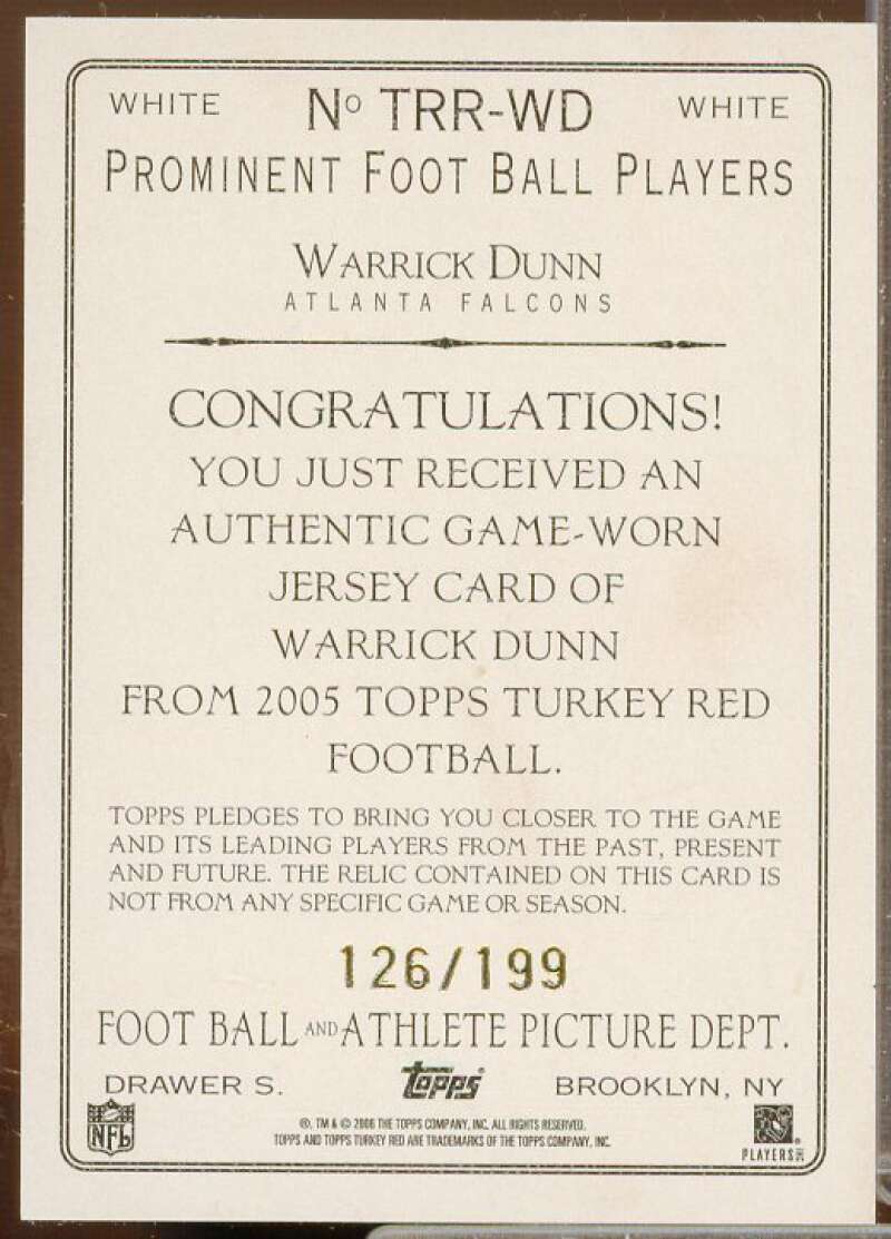 Warrick Dunn Rookie Card 2005 Topps Turkey Red Relics White #TRRWD  Image 2