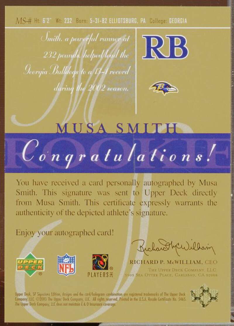 Musa Smith Rookie Card 2003 SP Signature Autographs Blue Ink Numbered #MS  Image 2