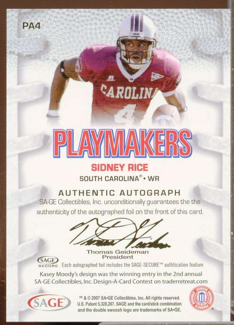 Sidney Rice Rookie Card 2007 SAGE HIT Playmakers Gold Autographs #PA4  Image 2