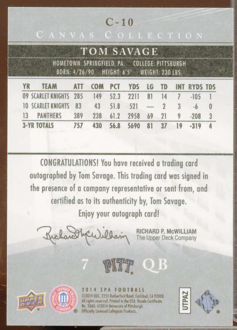 Tom Savage C Rookie Card 2014 SP Authentic Canvas Autographs #C10  Image 2