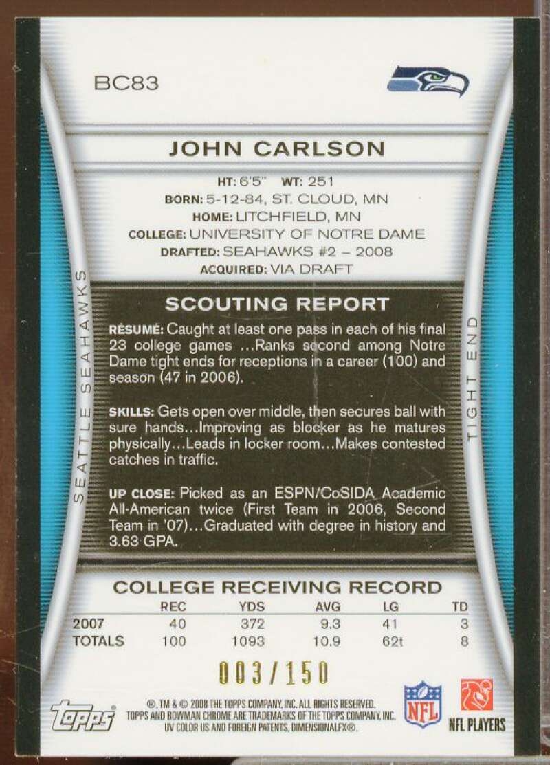 John Carlson Rookie Card 2008 Bowman Chrome Rookie Autographs Green #BC83  Image 2