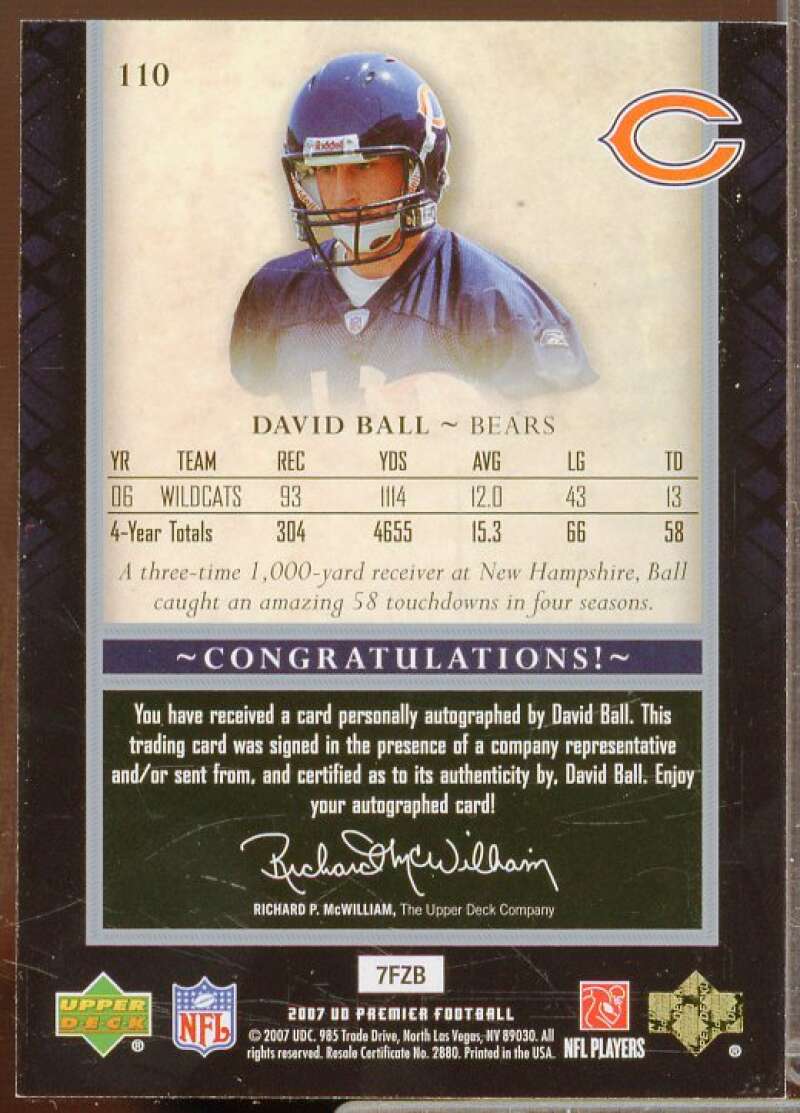 David Ball AU Rookie Card 2007 Upper Deck Premier #110  Image 2