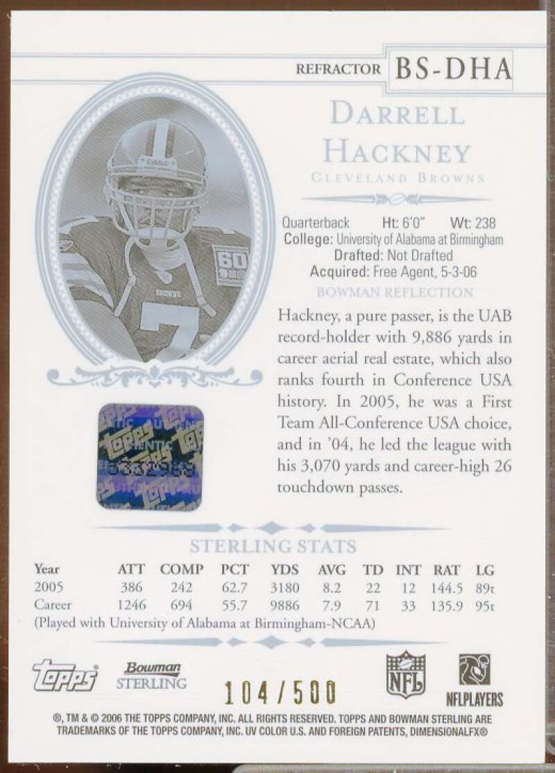 Darrell Hackney/500 Rookie 2006 Bowman Sterling Gold Rookie Autographs #DHA  Image 2