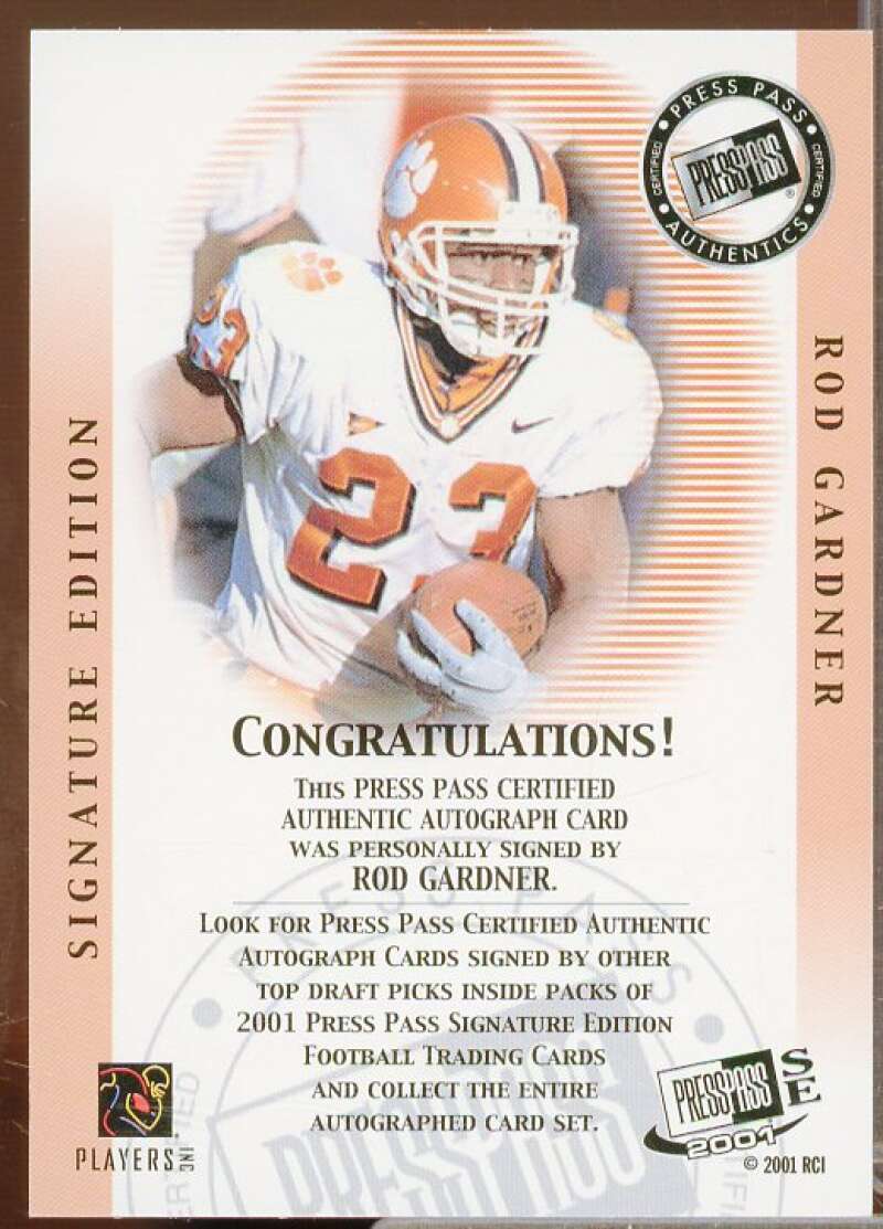 Rod Gardner Rookie Card 2001 Press Pass SE Autographs Silver #11  Image 2