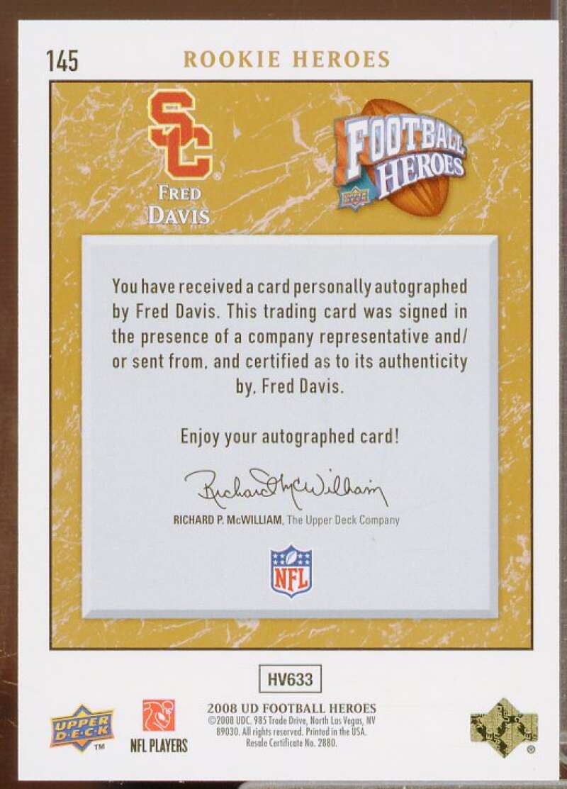 Fred Davis/50 Rookie Card 2008 Upper Deck Heroes Autographs Bronze #145  Image 2