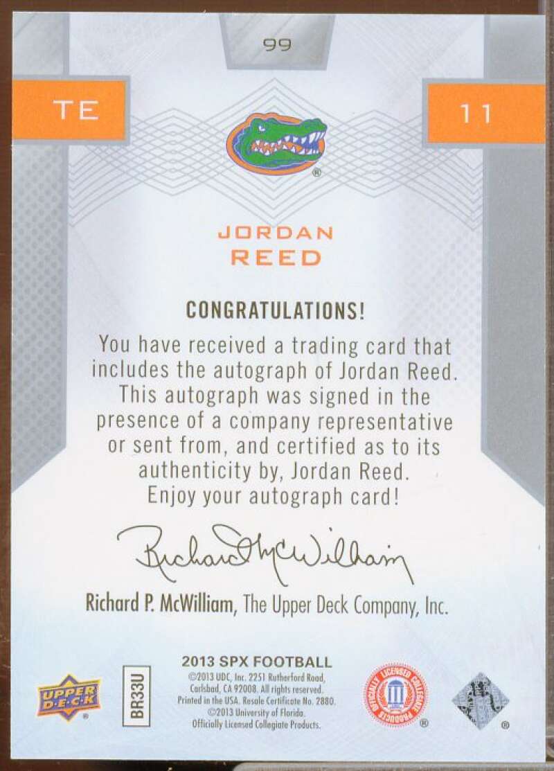 Jordan Reed AU Rookie Card 2013 SPx #99  Image 2