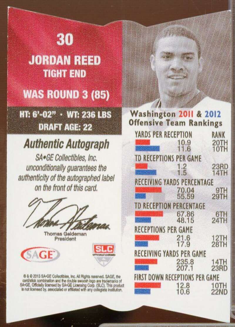 Jordan Reed Rookie Card 2013 SAGE Next Acetate Die Cut #30  Image 2