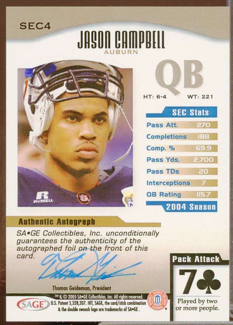 Jason Campbell Rookie Card 2005 SAGE HIT SEC Autographs #SEC4  Image 2