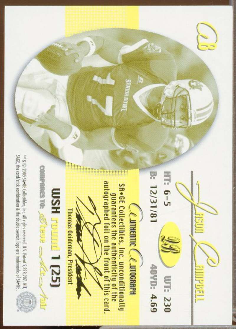 Jason Campbell/300 Rookie Card 2005 SAGE Autographs Silver #A8  Image 2