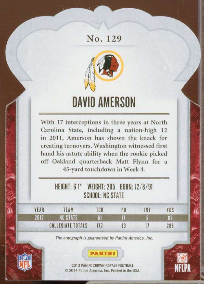 David Amerson Rookie Card 2013 Crown Royale Rookie Signatures Gold #129  Image 2