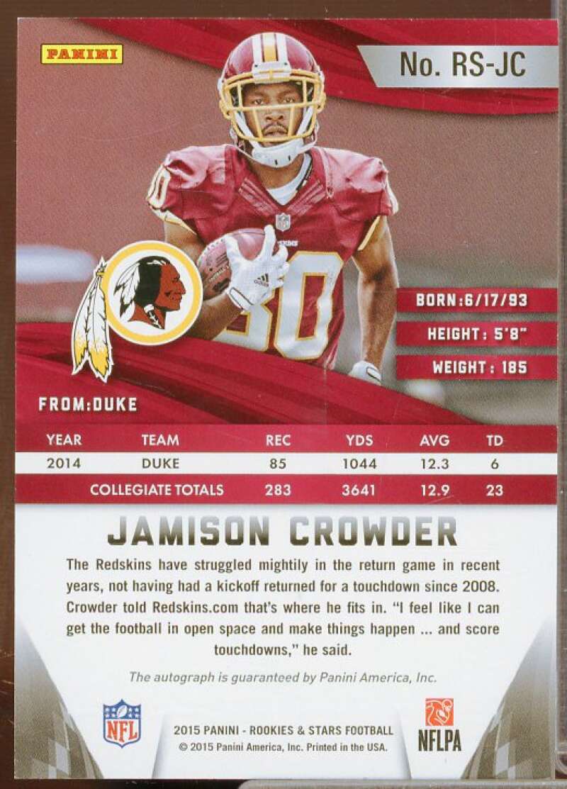 Jamison Crowder Rookie 2015 Rookies and Stars Longevity Rookie Signatures #45  Image 2