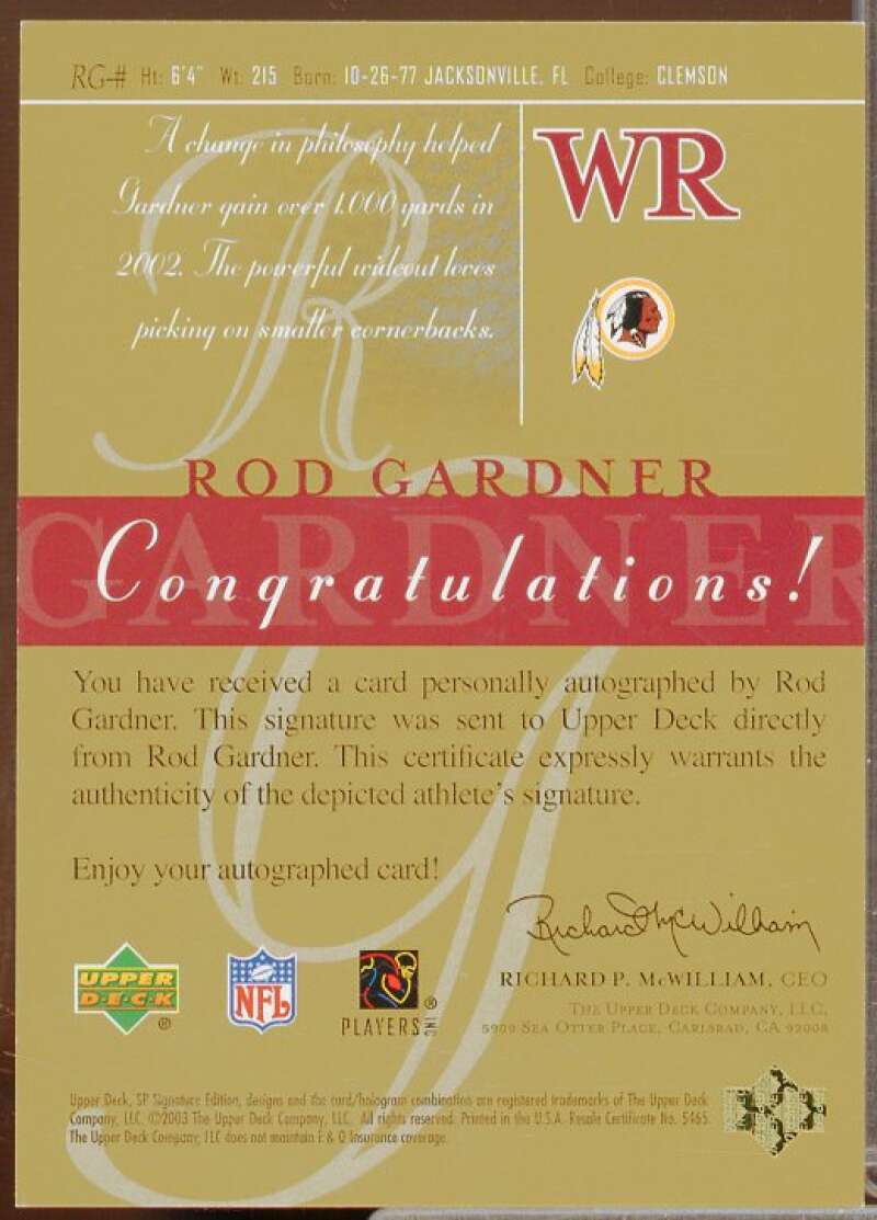 Rod Gardner Rookie Card 2003 SP Signature Autographs Blue Ink Numbered #RG  Image 2