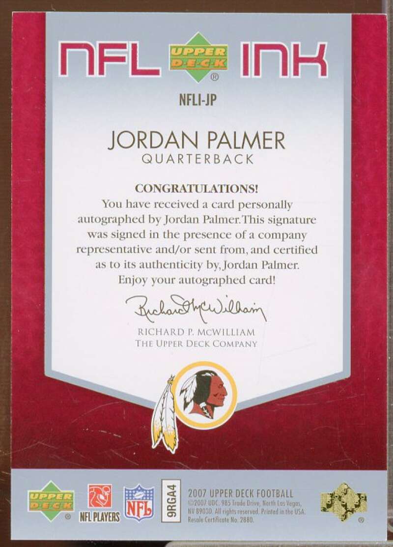 Jordan Palmer Rookie Card 2007 Upper Deck NFL Ink #JP  Image 2