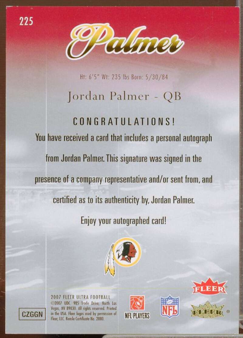 Jordan Palmer Rookie Card 2007 Ultra Rookie Autographs #225  Image 2