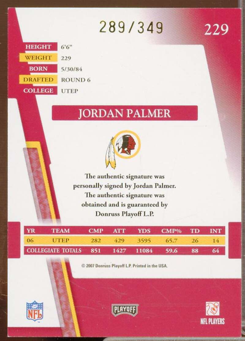 Jordan Palmer AU Rookie Card 2007 Absolute Memorabilia #229  Image 2