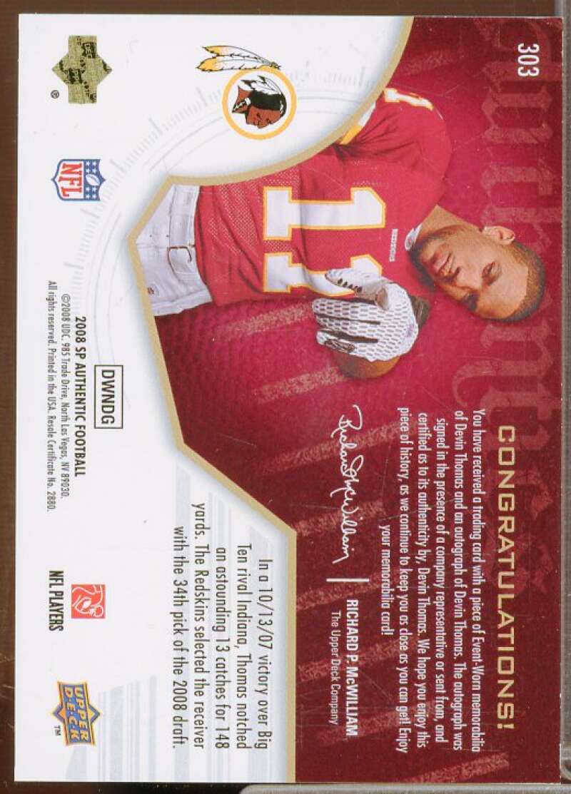 Devin Thomas JSY AU/499 Rookie Card 2008 SP Authentic #303  Image 2