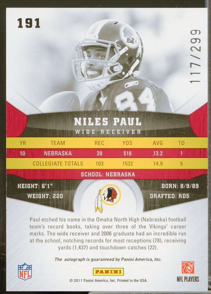 Niles Paul/299 Rookie Card 2011 Panini Gridiron Gear Autographs Gold #191  Image 2