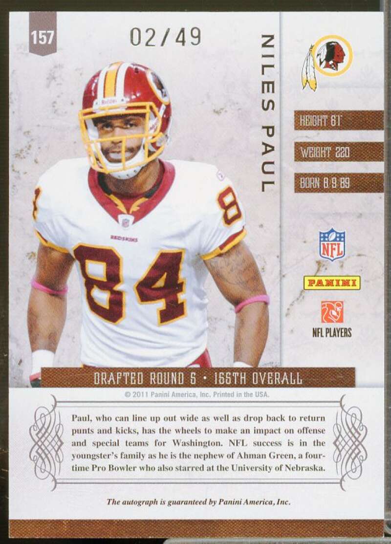 Niles Paul AU/49 Rookie Card 2011 Panini Plates and Patches #157  Image 2