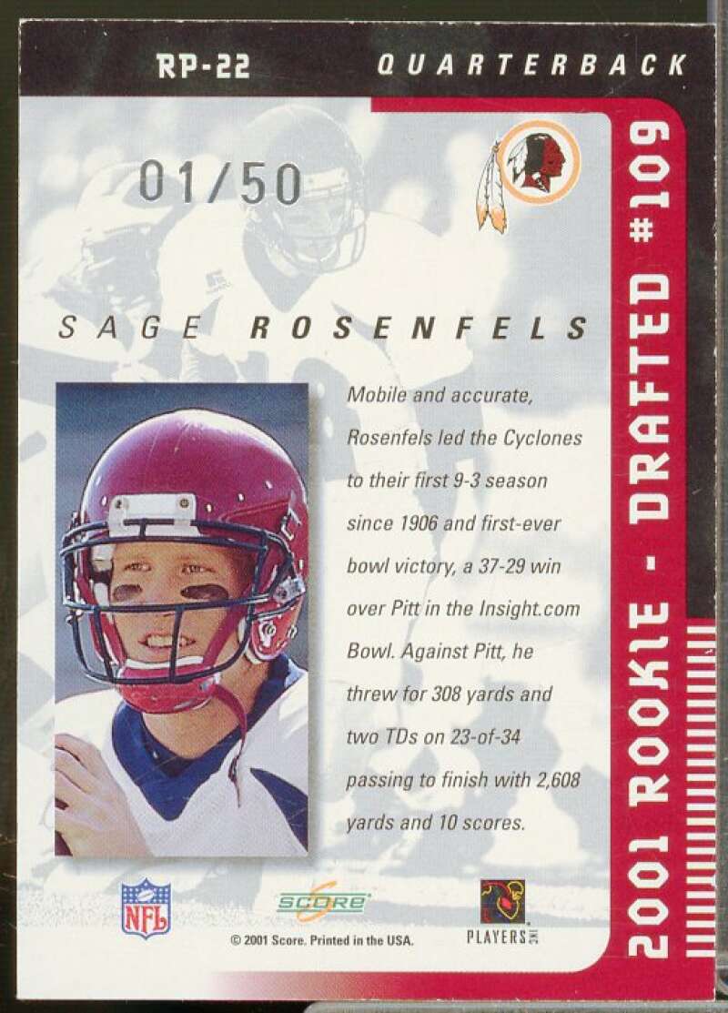 Sage Rosenfels Rookie Card 2001 Select Rookie Roll Call Autographs #RP22  Image 2