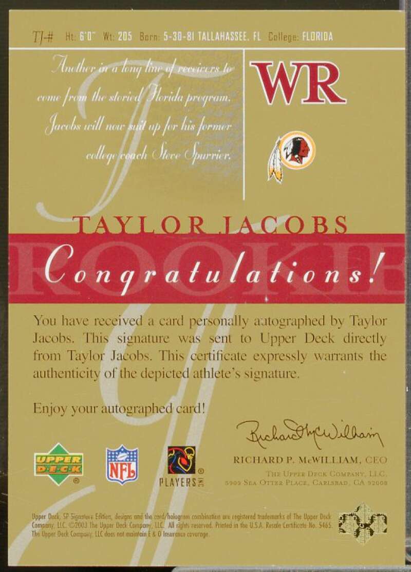 Taylor Jacobs Rookie Card 2003 SP Signature Autographs Red Ink #TJ  Image 2