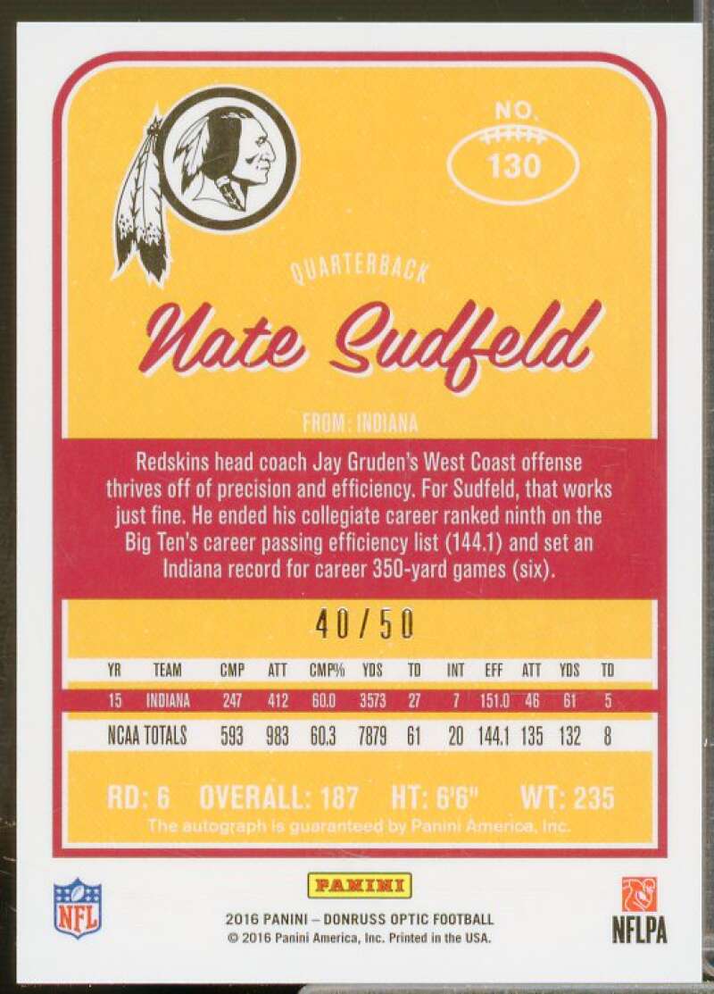 Nate Sudfeld Rookie Card 2016 Donruss Optic Rookie Signatures Red #130  Image 2