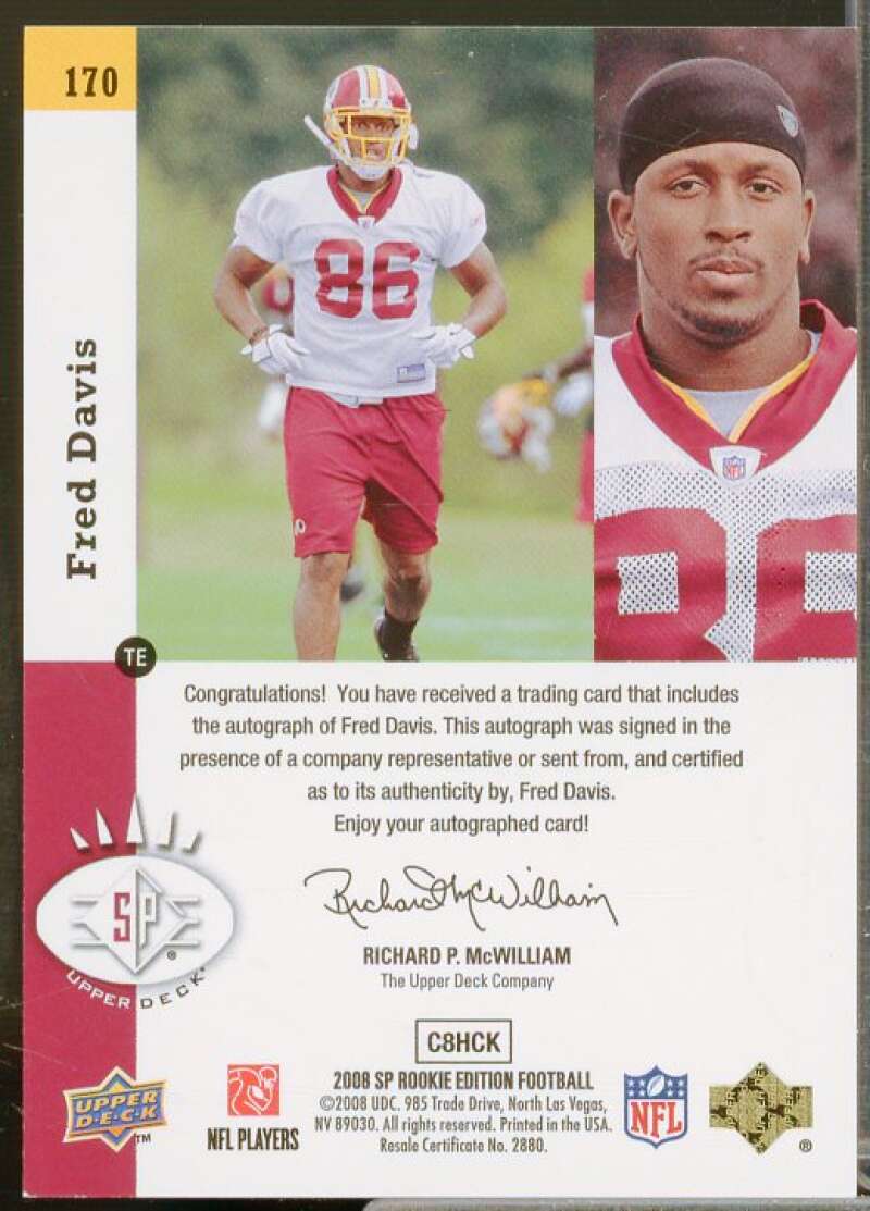 Fred Davis 93 Rookie Card 2008 SP Rookie Edition Autographs #170  Image 2