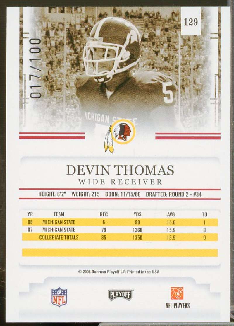 Devin Thomas/100 Rookie 2008 Playoff Prestige Draft Picks Rights Autographs #129  Image 2