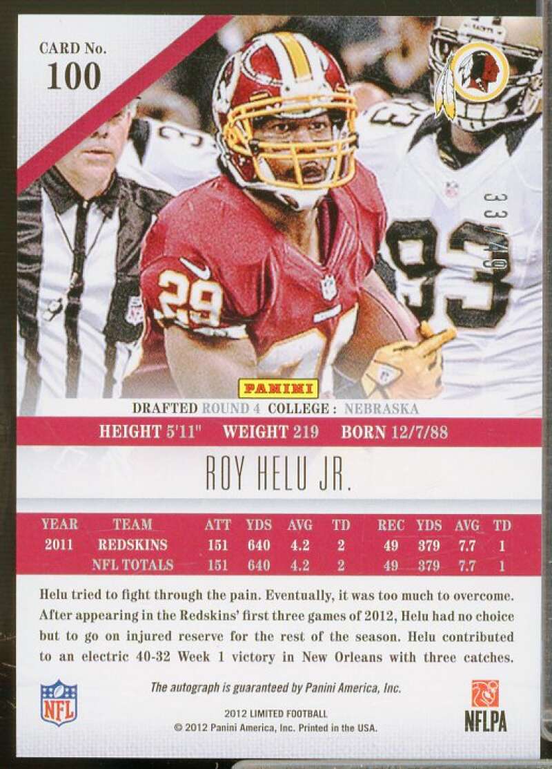 Roy Helu/49 Rookie Card 2012 Limited Monikers Autographs Silver #100  Image 2