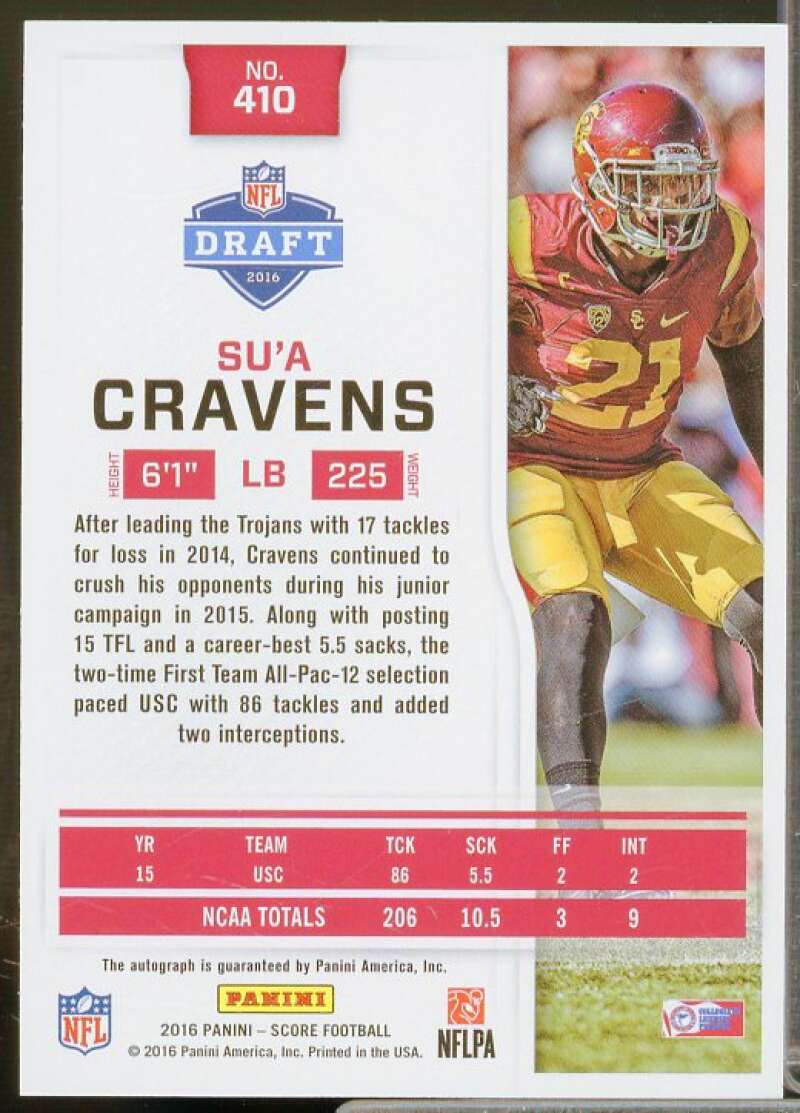 Su'a Cravens/25 Rookie Card 2016 Score Rookie Autographs Jumbo Red Zone #410  Image 2