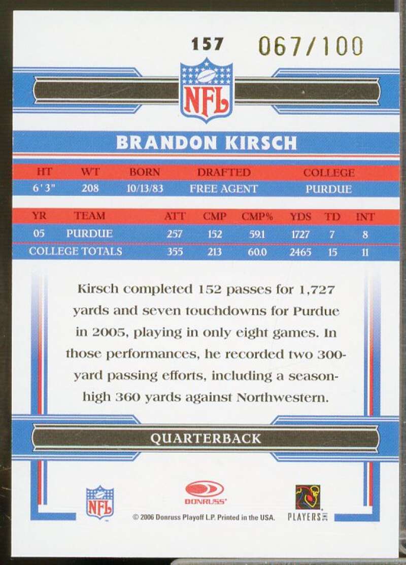 Brandon Kirsch Card 2006 Donruss Threads Rookie Autographs #157  Image 2