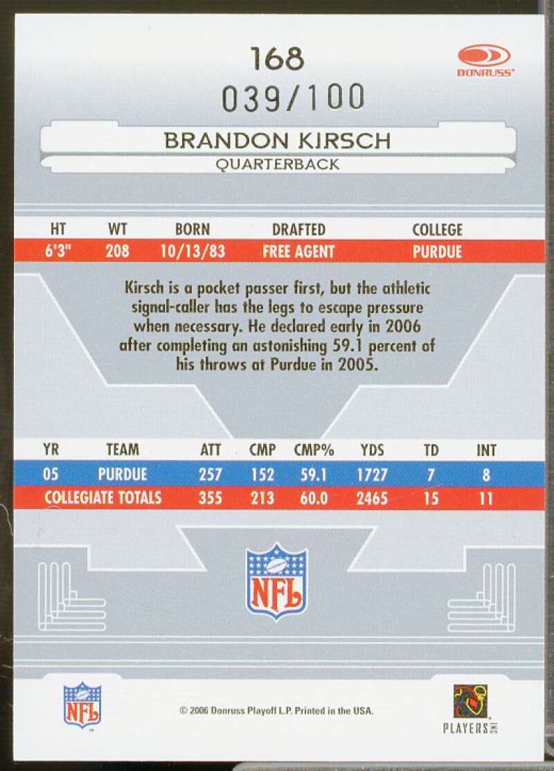 Brandon Kirsch/100 2006 Leaf Certified Materials Mirror Blue Signatures #168  Image 2