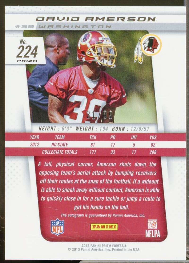 David Amerson/99 EXCH Rookie Card 2013 Panini Prizm Autographs Prizms #224  Image 2