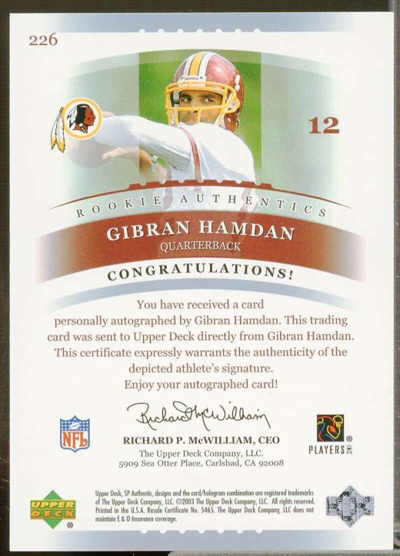 Gibran Hamdan AU Rookie Card 2003 SP Authentic #226  Image 2