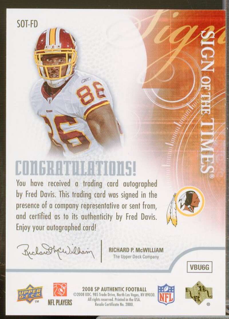 Fred Davis Rookie Card 2008 SP Authentic Sign of the Times #SOTFD  Image 2