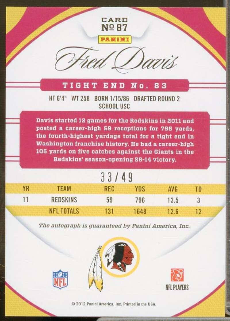 Fred Davis/49 Rookie Card 2012 Certified Mirror Blue Signatures #87  Image 2