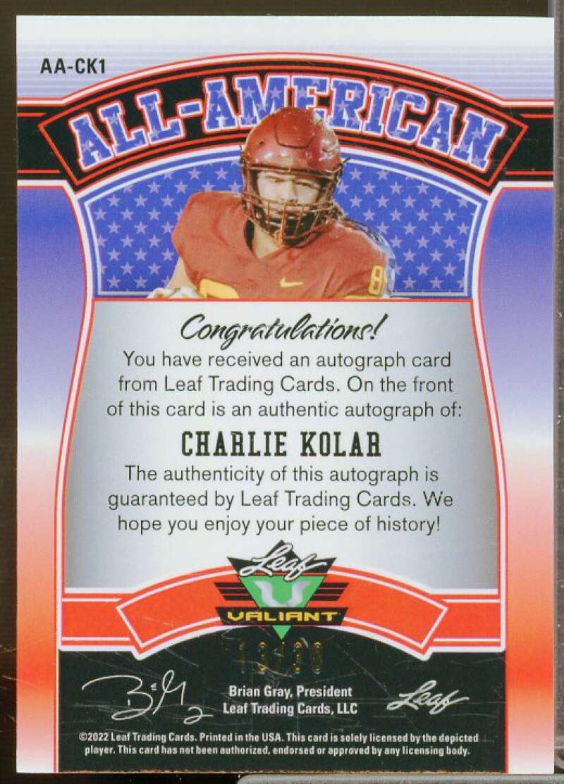 Charlie Kolar Rookie Card 2022 Leaf Valiant All American Crystal Green #AACK1  Image 2