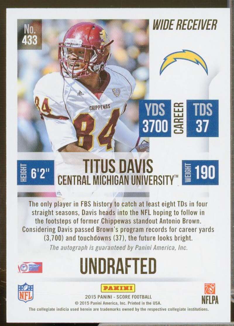 Titus Davis/99 Rookie Card 2015 Score Rookie Autographs Showcase #433  Image 2