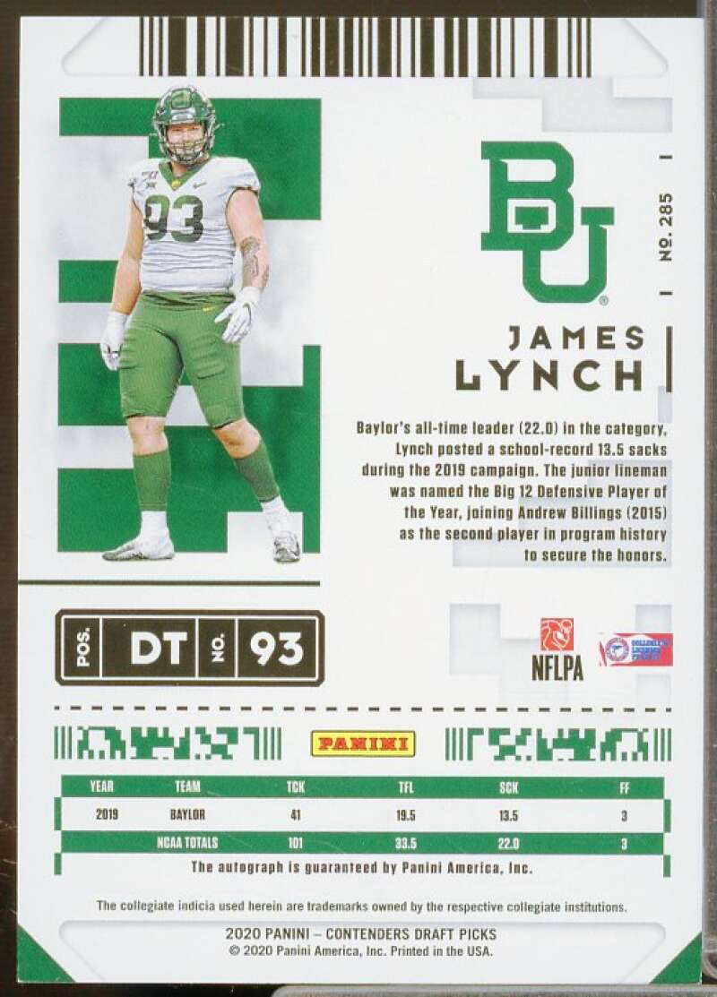 James Lynch AU Rookie Card 2020 Panini Contenders Draft Picks Bowl Ticket #285  Image 2